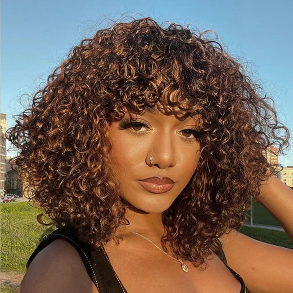 Highlight Jerry Curly Bob With Bangs Brown Water Wave Bob Wig For Black Women Machine Made Omber Brazilian Remy Human Hair Wig