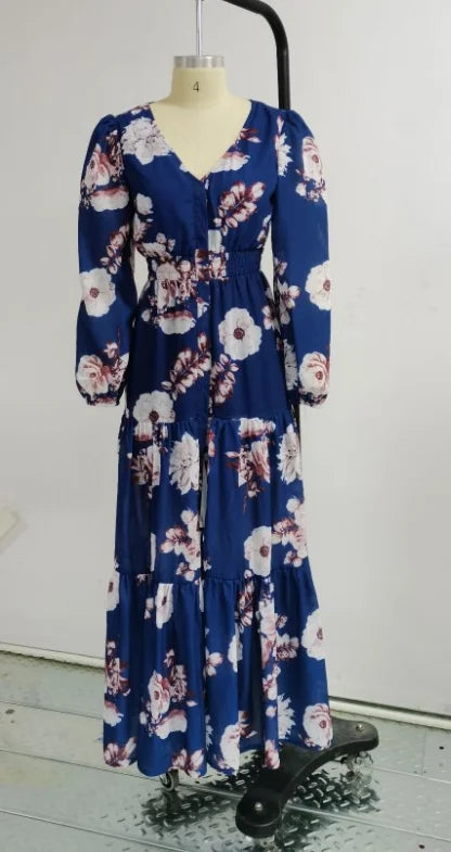 2021 Summer Floral Print sexy V-Neck Chiffon Maxi Dress Casual Loose Long Sleeve Lantern Sleeve Beach Wear Style Dress