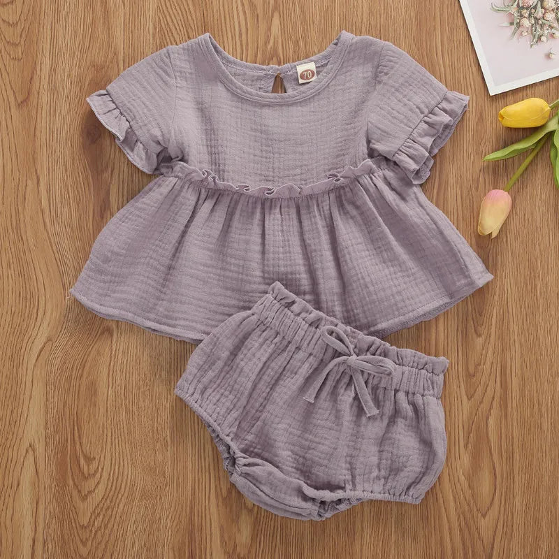 6 Colors Summr Toddler Newborn Baby Girls Cotton Linen Clothes Ruffles Short Sleeve T Shirts+Shorts 2pcs Infant Clothing Outfits