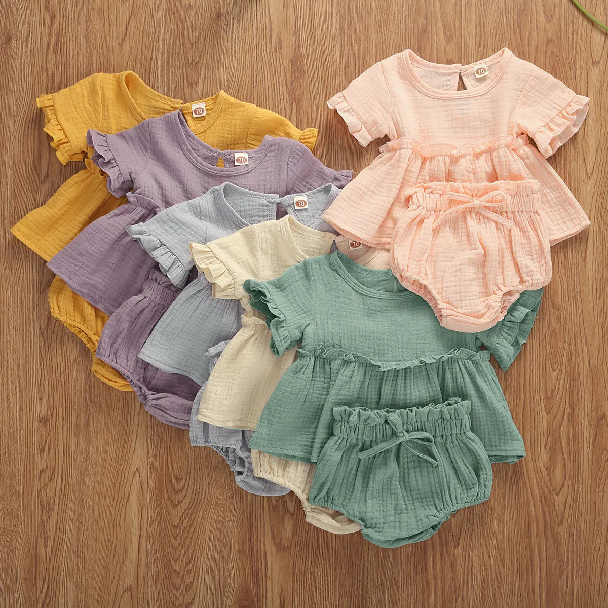 6 Colors Summr Toddler Newborn Baby Girls Cotton Linen Clothes Ruffles Short Sleeve T Shirts+Shorts 2pcs Infant Clothing Outfits