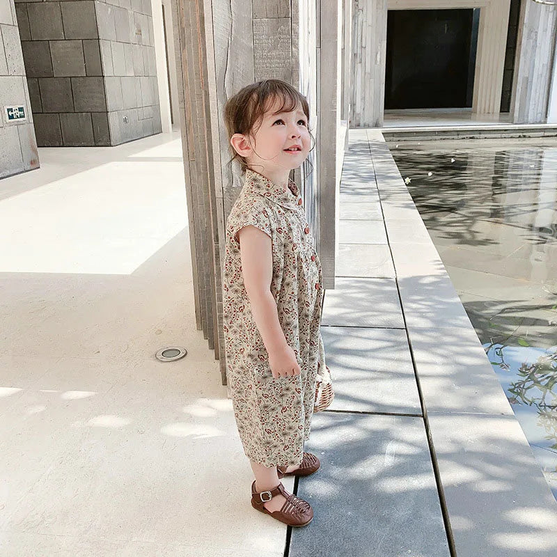 2023 Summer Girls Jumpsuit Korean Version Of Cotton Baby Long Romper Middle And Small Children'S Casual Sleeveless Clothing