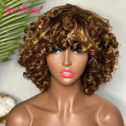 Highlight Blonde Funmi Curly Short Human Hair Wig for Women Peruvian Curly Bob Burgundy Colored Full Machine Made Fringe Wig