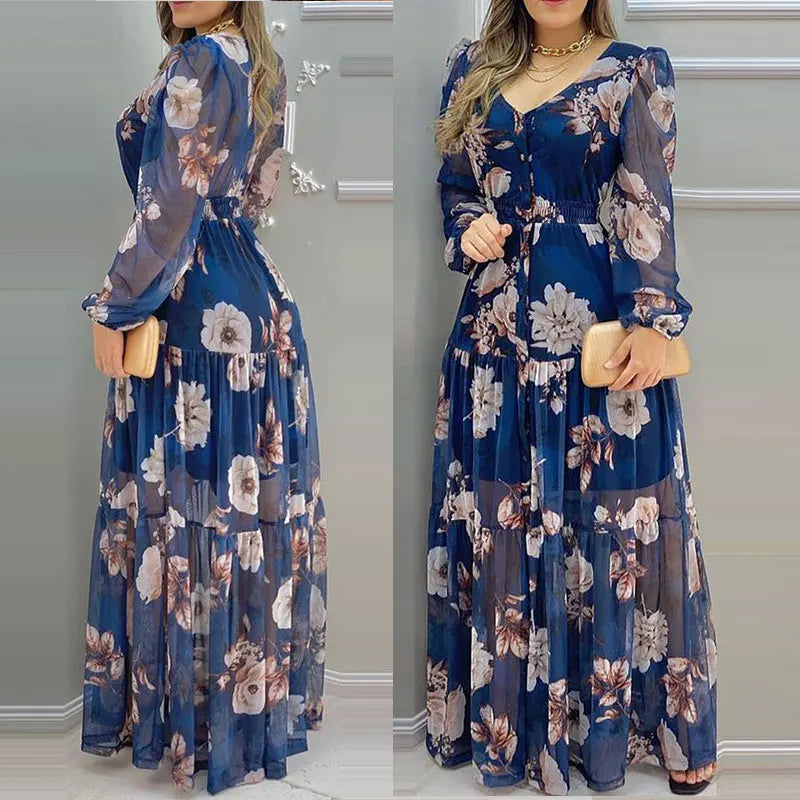 2021 Summer Floral Print sexy V-Neck Chiffon Maxi Dress Casual Loose Long Sleeve Lantern Sleeve Beach Wear Style Dress