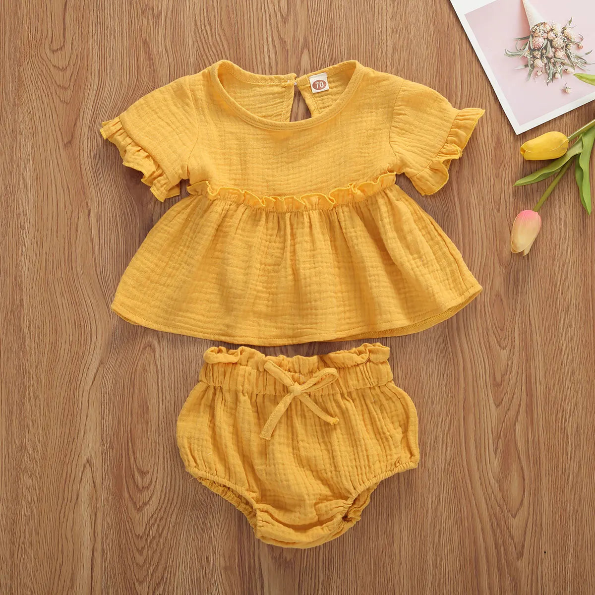 6 Colors Summr Toddler Newborn Baby Girls Cotton Linen Clothes Ruffles Short Sleeve T Shirts+Shorts 2pcs Infant Clothing Outfits