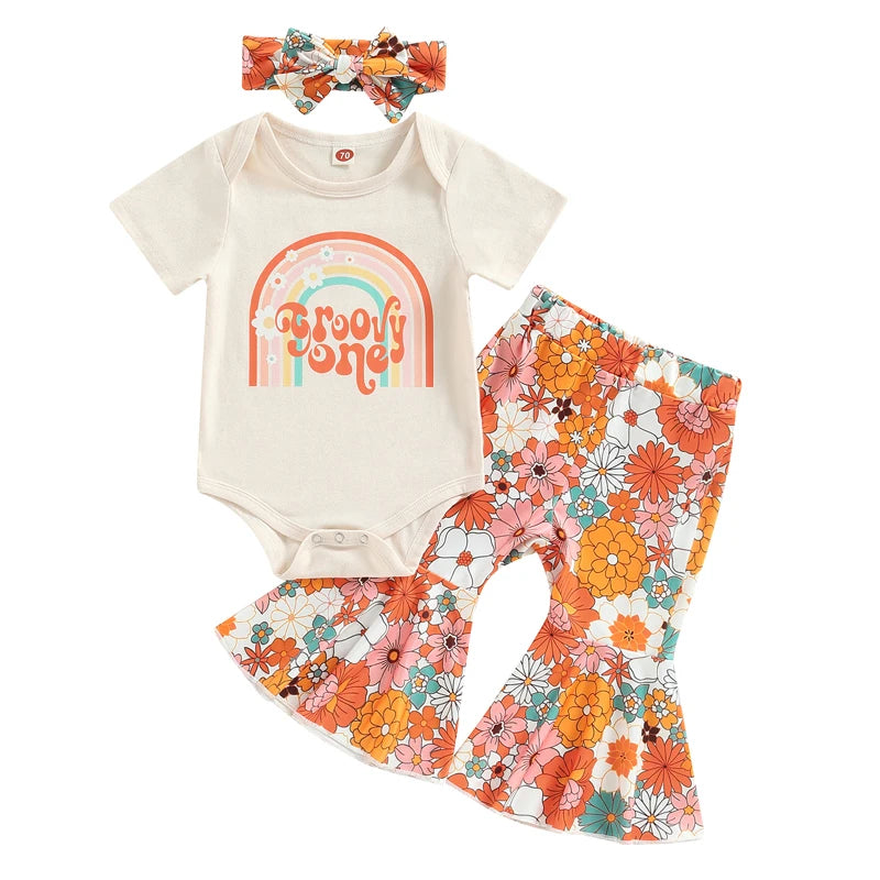 Toddler Baby Girl Clothes Birthday Outfit Groovy One Two Print Romper Top Floral Bell Bottoms Headban Set