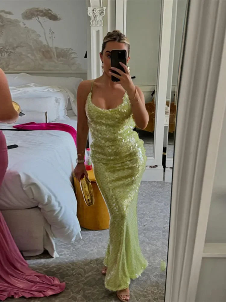 Women Sexy Backless Slim Sling Long Dresses Fashion Solid Sequin Off Shoulder Maxi Dress 2024 Summer New Lady Evening Party Gown