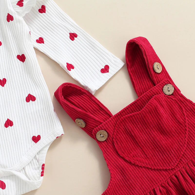 Tregren Valentine's Day Infant Newborn Baby Girls Clothes Heart Pattern Ruffle Long Sleeve Romper + Corduroy Suspender Skirt Set