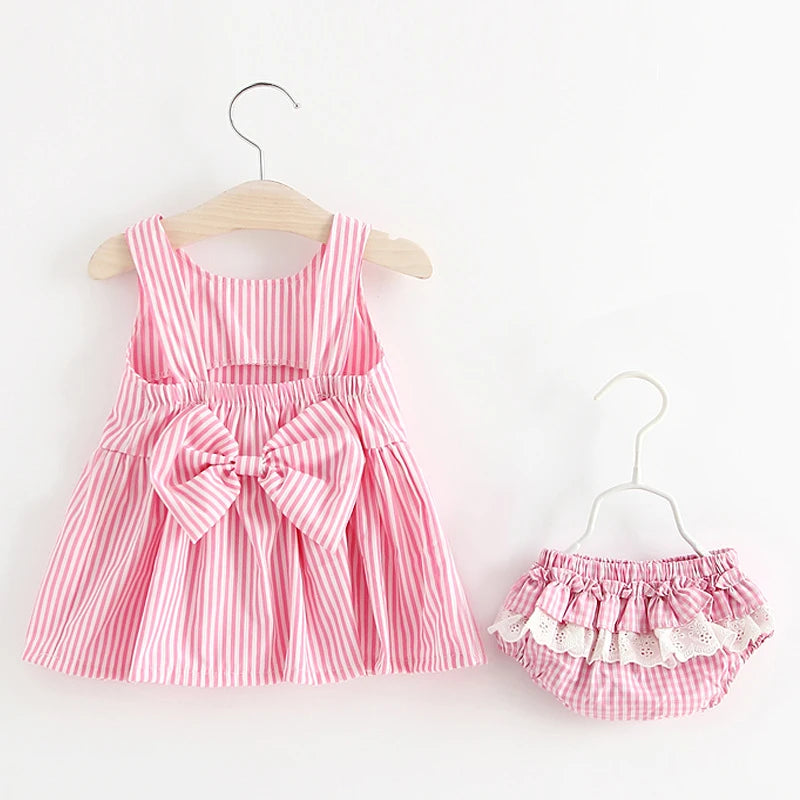 Baby Clothing Sets 2023 Girls Cute Summer Sleeveless Dress Girl 2Pieces Sets Short Pants+Dress Set Stripe Patten for Baby 6-24M