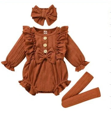 0-12M Infant Baby Girls 3Pcs Fall Outfits Long Sleeve Button Front Ruffle Romper + Socks + Headband Set Lovely Clothes