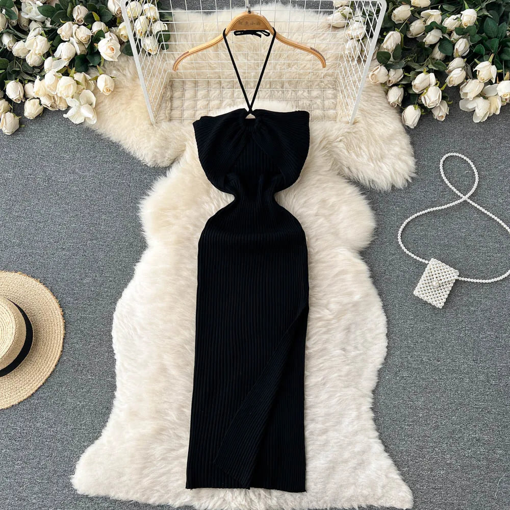 Halter Crochet Bodycon Dress Cut Out Sexy Split Dresses Off Shoulder Backless Party Vestido Korean Women Chic Fashion Robe Y2k