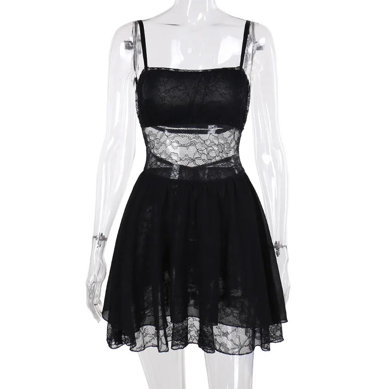 European And American Style Sexy Suspender Lace Patchwork A-line Dress 2024 Spring New Perspective Suspender Skirt  YJ23709MH