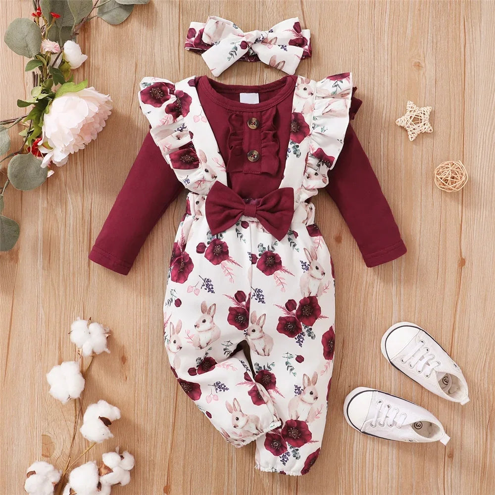 2PCS Baby Girl New Years Clothes Set Red Color Long Sleeved Bodysuit+Flower Strap Pants Clothes Suit for Infant Girl 0-18 Months