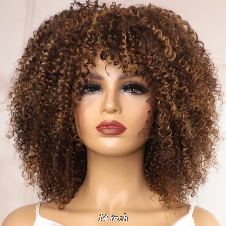 Big Curly Wig With Bangs Short Human Hair Afro Kinky Curly Wig Brown Color Glueless Full Machine Made Wig 250 Density Brazilian