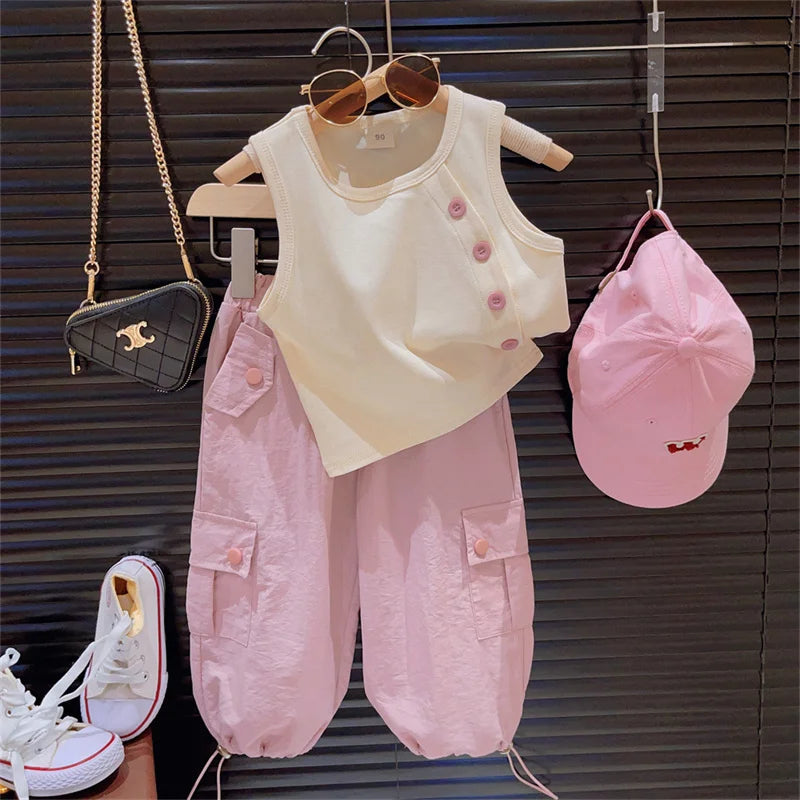 Children's New Summer Suit Girls Fashion Sleeveless Undershirt Work Pants Suit Children Round Neck Casual Clothes 2-8 Years Old