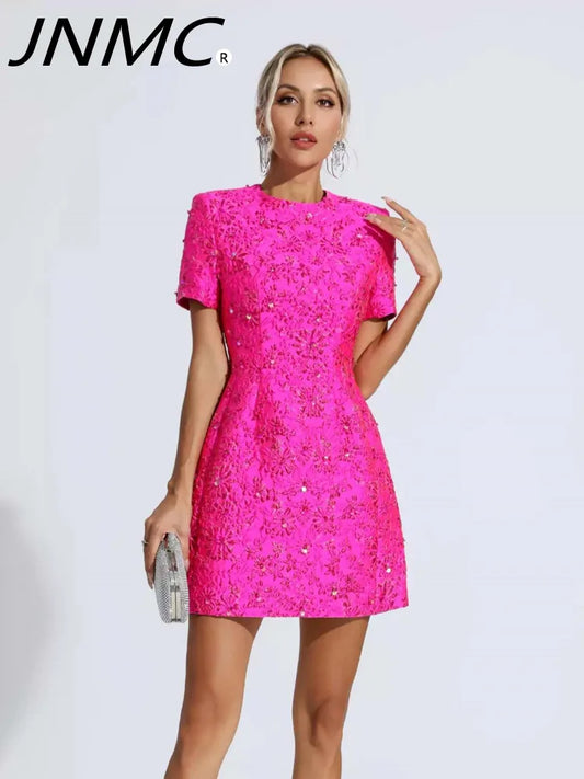 JNMC 2024 Women's Spring/Summer Solid Color Jacquard Heavy Stitching Short Sleeve Dress Floral Mini Dress Party Out Dress