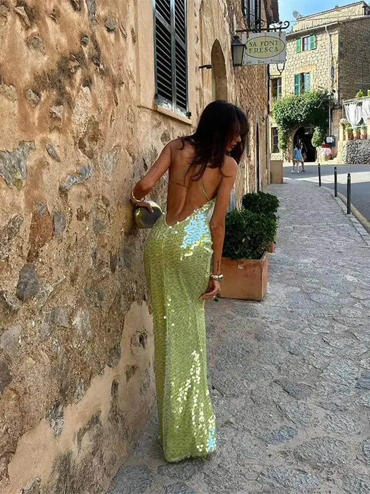 Women Sexy Backless Slim Sling Long Dresses Fashion Solid Sequin Off Shoulder Maxi Dress 2024 Summer New Lady Evening Party Gown