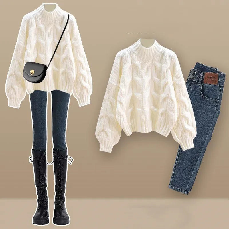 Autumn/Winter Korean New Women's Set Half High Collar Knitted Knitted Flower Sweater+Slimming Jeans Two Piece Set