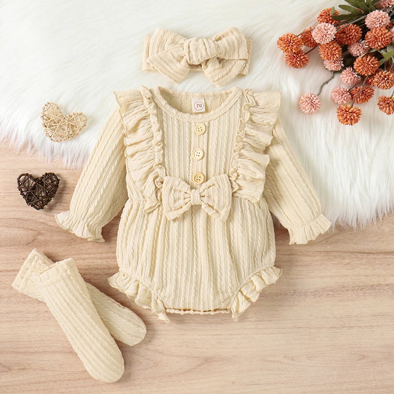 0-12M Infant Baby Girls 3Pcs Fall Outfits Long Sleeve Button Front Ruffle Romper + Socks + Headband Set Lovely Clothes