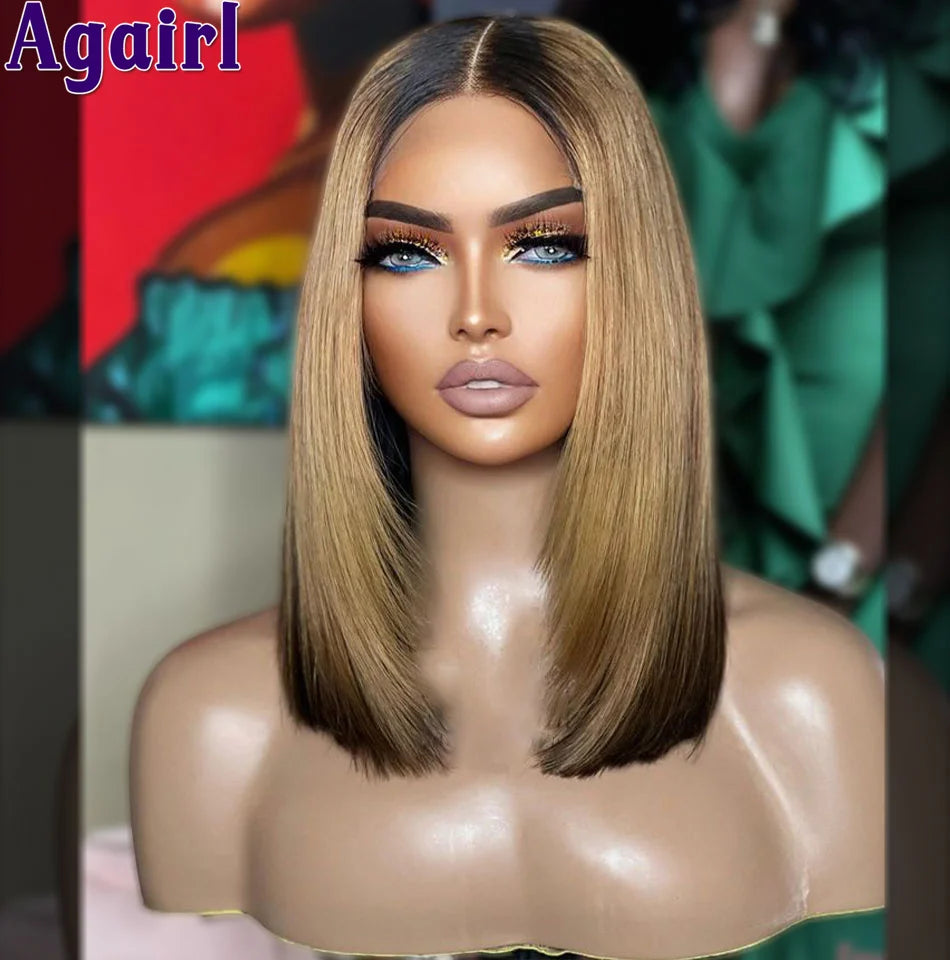 Ombre Blonde Black Bob Frontal Wig Human Hair Ready To Wear 200% Density Straight Short Bob Lace Front Wigs for Women PrePlucked