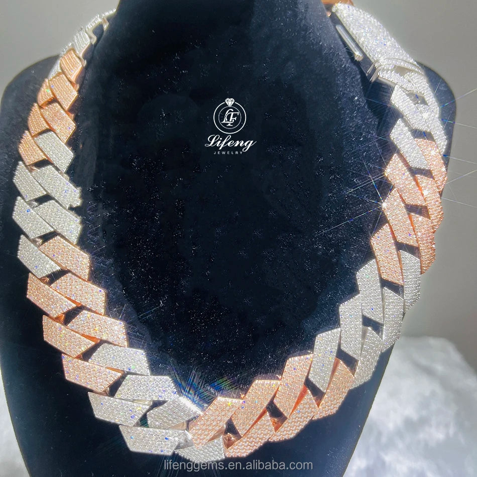 18mm Rose Gold and White 2 Tone Plated Over 925 Sterling Silver Necklaces Vvs Moissanite Hip Hop Cuban Link Chain