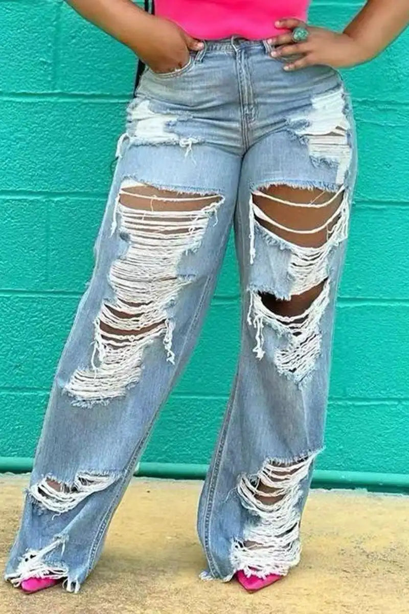 Plus Size Casual Denim Hollowed Out Wide Leg Pants Ripped Jeans