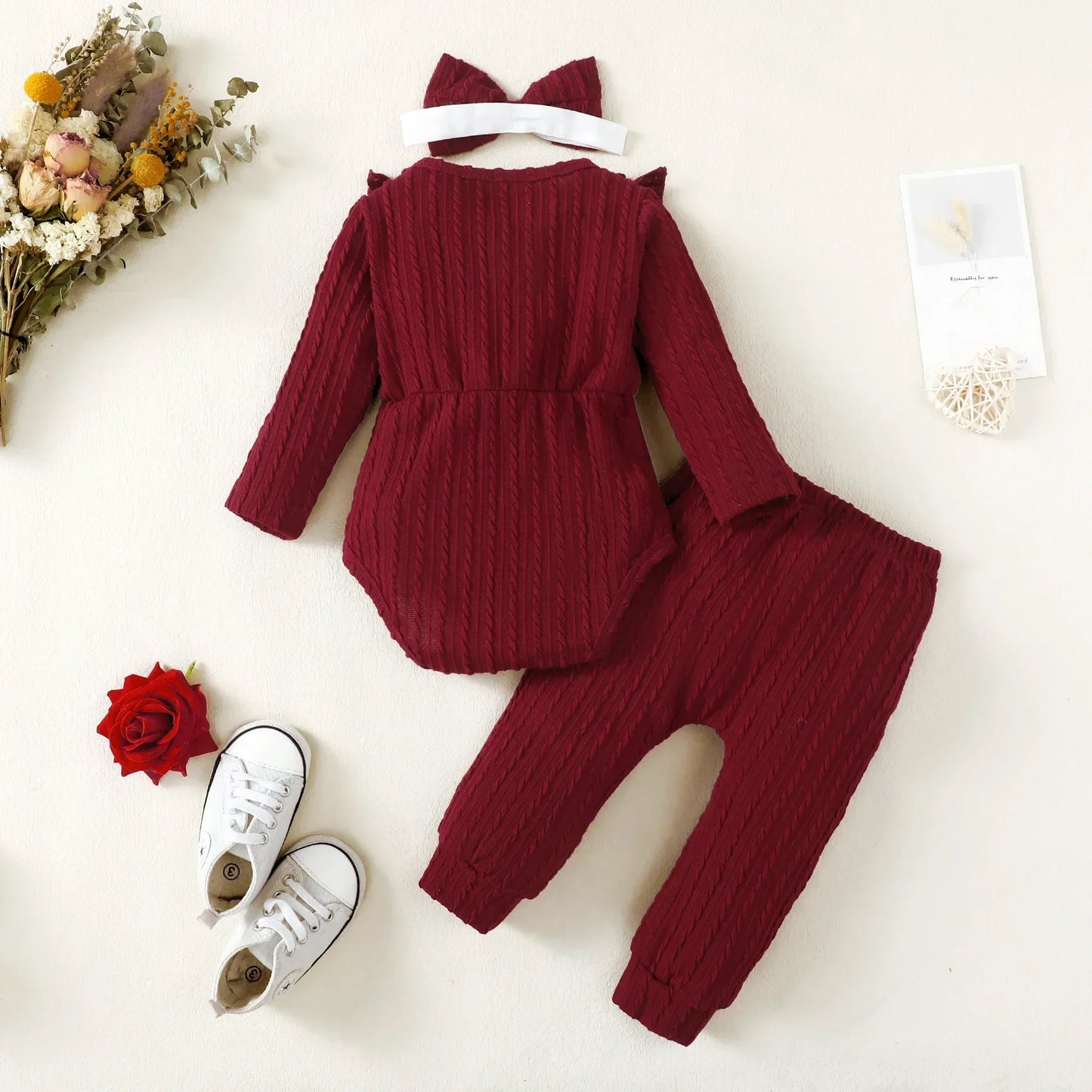 3Pcs Newborn Clothes Set Baby Girl Romper + Bow Fashion Long Sleeve Spring Autumn Winter 3 6 9 12 Months Infant Clothing