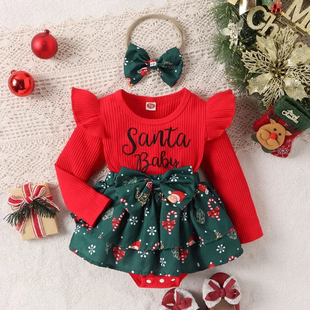 Baby Girls Christmas Clothes 0-24M Newborn Cute Bodysuit Cartoon Snowflake Print Bow Cake Skirt with Headband Infant Outfit