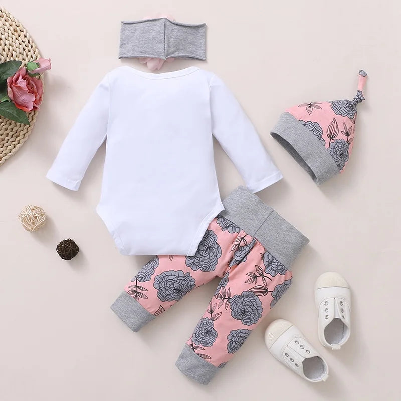 0-24 Months Newborn Baby Girl Clothing Set Long Sleeve Romper+Rose Pant+Hat+Headband Spring&Autumn 4PCS Outfit for Toddler Girl