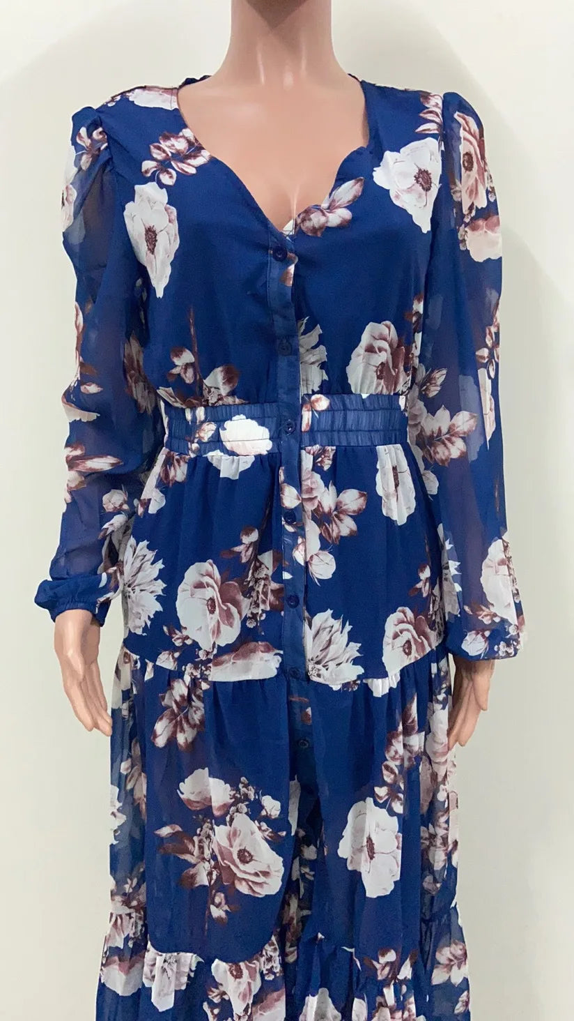 2021 Summer Floral Print sexy V-Neck Chiffon Maxi Dress Casual Loose Long Sleeve Lantern Sleeve Beach Wear Style Dress