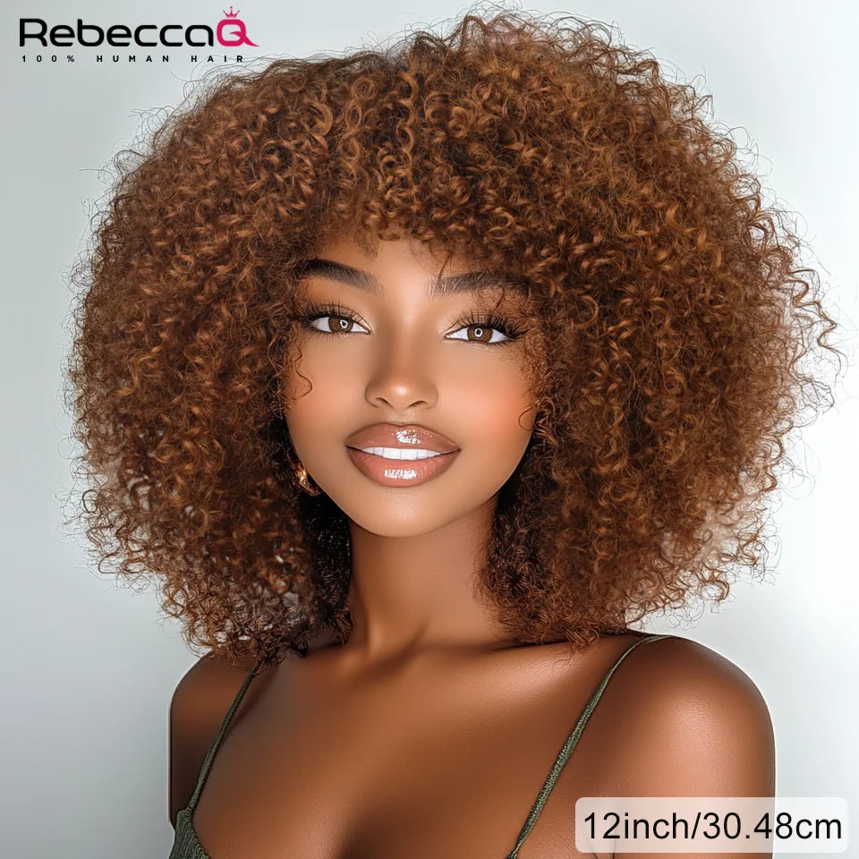 Big Curly Wig With Bangs Short Human Hair Afro Kinky Curly Wig Brown Color Glueless Full Machine Made Wig 250 Density Brazilian