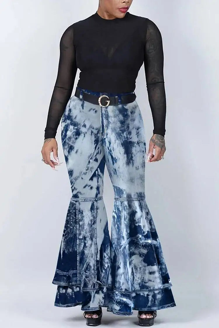 Plus Size Casual Denim Hollowed Out Wide Leg Pants Ripped Jeans