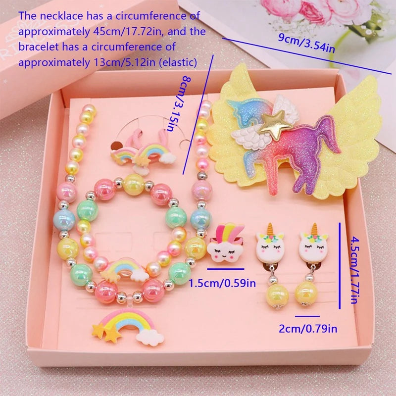 8pcs/set Baby Girls Beads Necklace Set Rainbow Unicorn Pendant Child Kids Adjustable Lovely Necklace Charm Chunky Jewelry Gifts