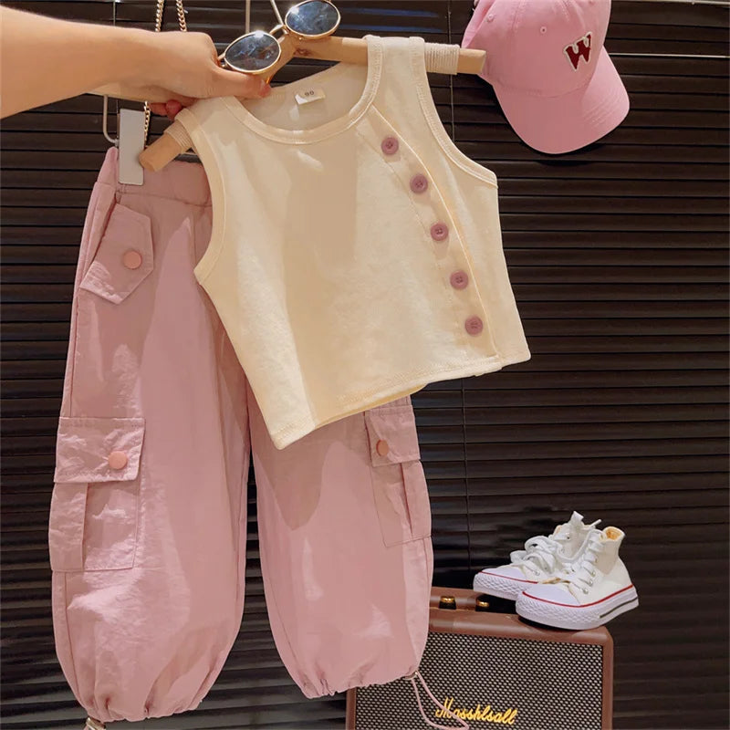 Children's New Summer Suit Girls Fashion Sleeveless Undershirt Work Pants Suit Children Round Neck Casual Clothes 2-8 Years Old