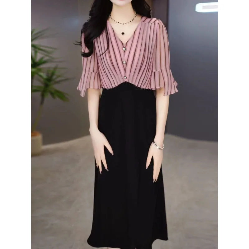 2024 Summer New Women's Contrast Color V-Neck Button Striped Spliced Half Sleeve Elegant Trendy Slim Commuter Midi Dress