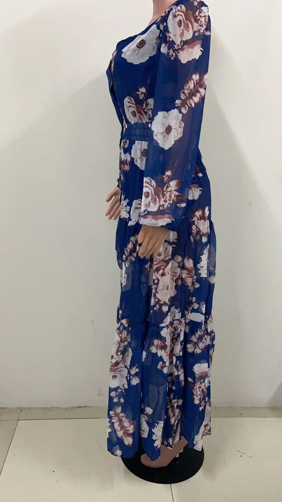 2021 Summer Floral Print sexy V-Neck Chiffon Maxi Dress Casual Loose Long Sleeve Lantern Sleeve Beach Wear Style Dress