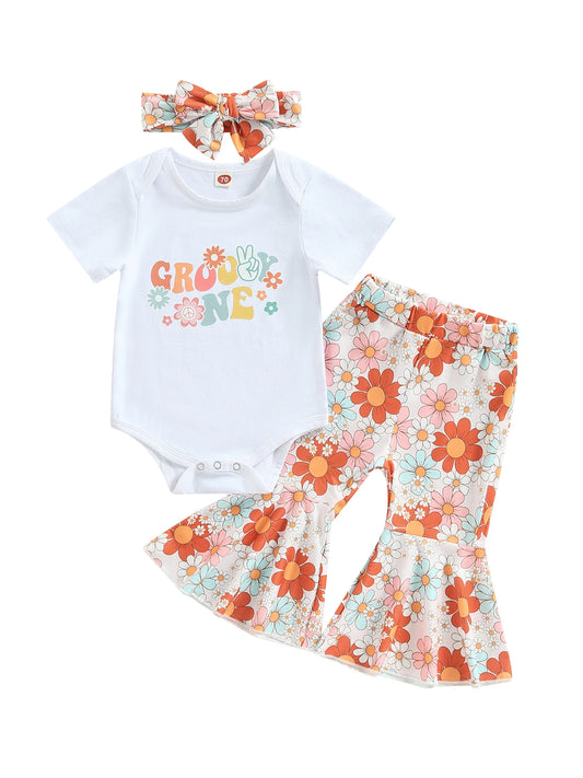 Toddler Baby Girl Clothes Birthday Outfit Groovy One Two Print Romper Top Floral Bell Bottoms Headban Set