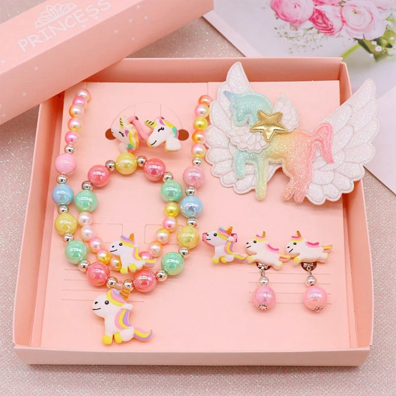 8pcs/set Baby Girls Beads Necklace Set Rainbow Unicorn Pendant Child Kids Adjustable Lovely Necklace Charm Chunky Jewelry Gifts