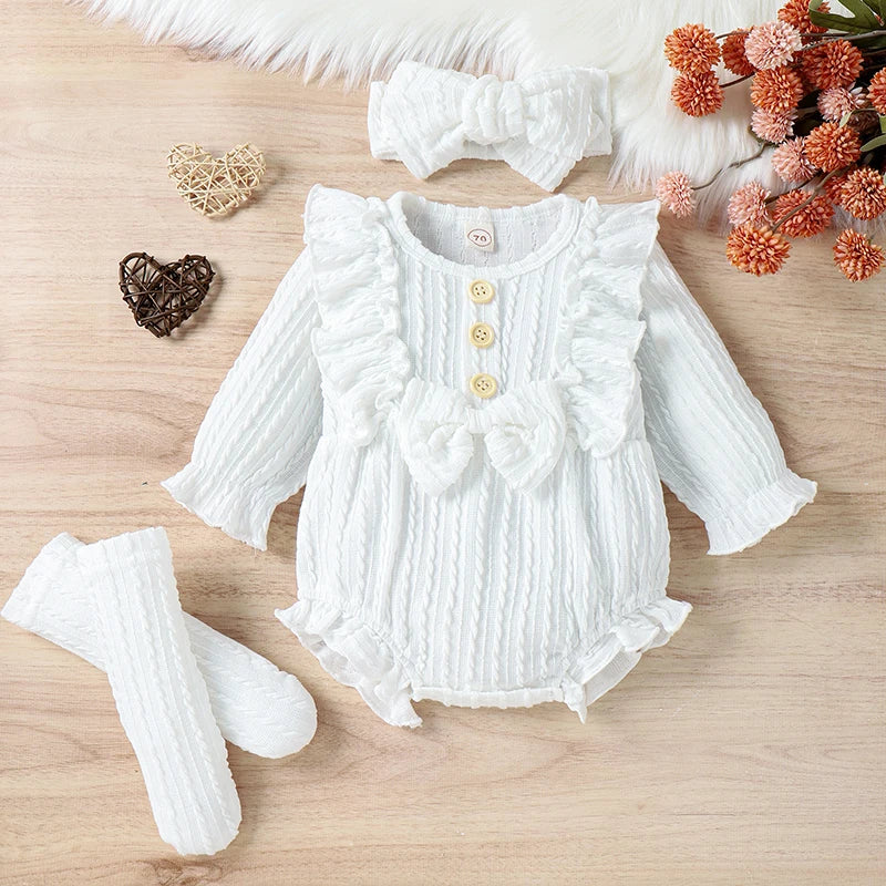 0-12M Infant Baby Girls 3Pcs Fall Outfits Long Sleeve Button Front Ruffle Romper + Socks + Headband Set Lovely Clothes