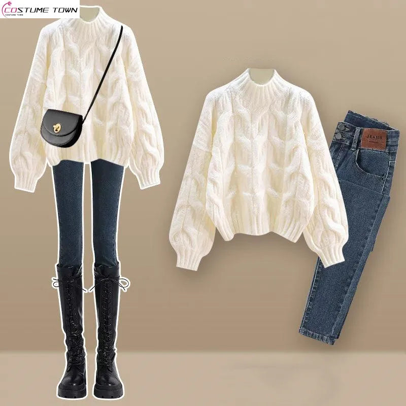 Autumn/Winter Korean New Women's Set Half High Collar Knitted Knitted Flower Sweater+Slimming Jeans Two Piece Set