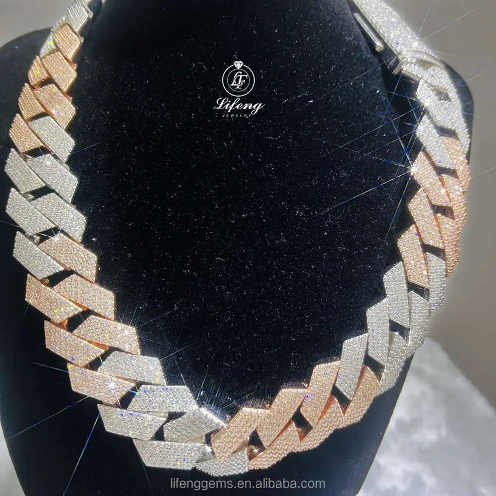 18mm Rose Gold and White 2 Tone Plated Over 925 Sterling Silver Necklaces Vvs Moissanite Hip Hop Cuban Link Chain