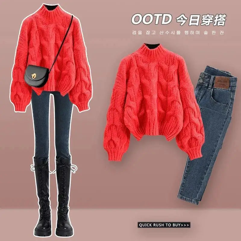 Autumn/Winter Korean New Women's Set Half High Collar Knitted Knitted Flower Sweater+Slimming Jeans Two Piece Set