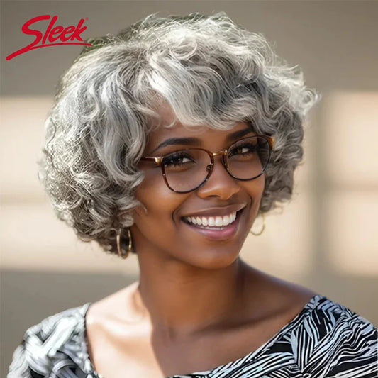 Sleek Brazilian Water Wave Short Grey Wavy Bob Human Hair Wigs Machine Made Silver 51# Remy Human Hair Wigs For Black Women