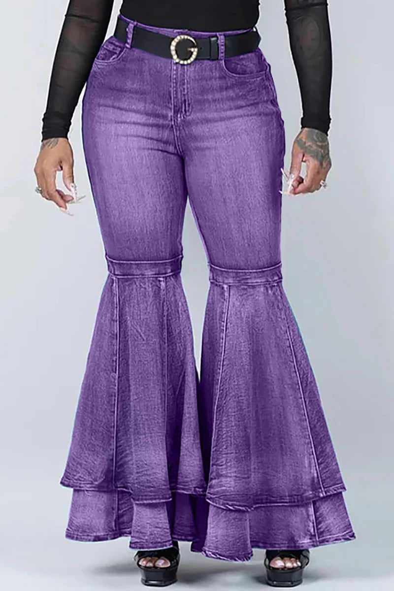 Plus Size Casual Denim Hollowed Out Wide Leg Pants Ripped Jeans