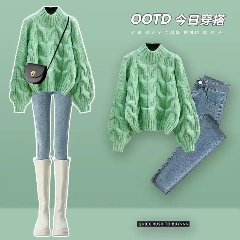 Autumn/Winter Korean New Women's Set Half High Collar Knitted Knitted Flower Sweater+Slimming Jeans Two Piece Set