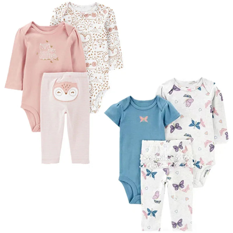 3PCS Baby Clothing Set Autumn Newborn Baby Girl Pure Cotton Clothes Set Soft Cute Animal Kids Bodysuits+Pants+Romper Bebe 6-24M