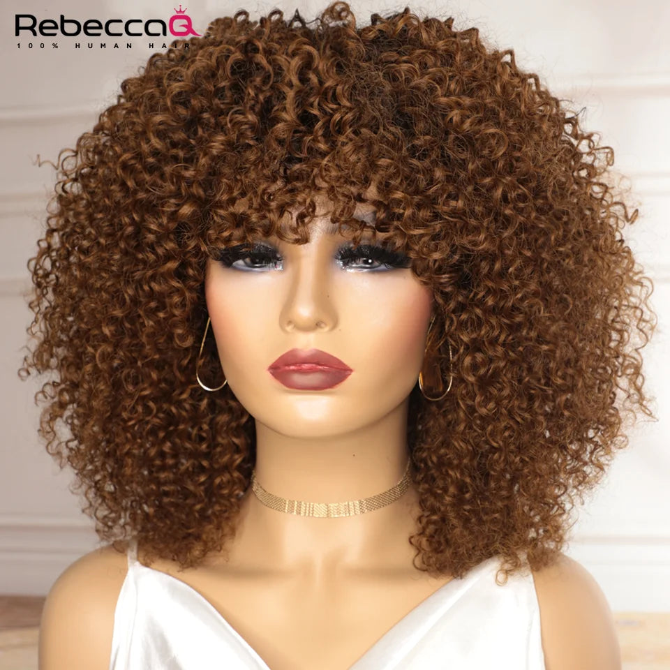 Big Curly Wig With Bangs Short Human Hair Afro Kinky Curly Wig Brown Color Glueless Full Machine Made Wig 250 Density Brazilian