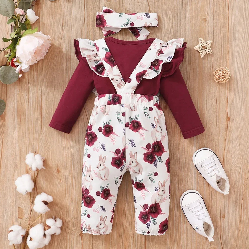 2PCS Baby Girl New Years Clothes Set Red Color Long Sleeved Bodysuit+Flower Strap Pants Clothes Suit for Infant Girl 0-18 Months