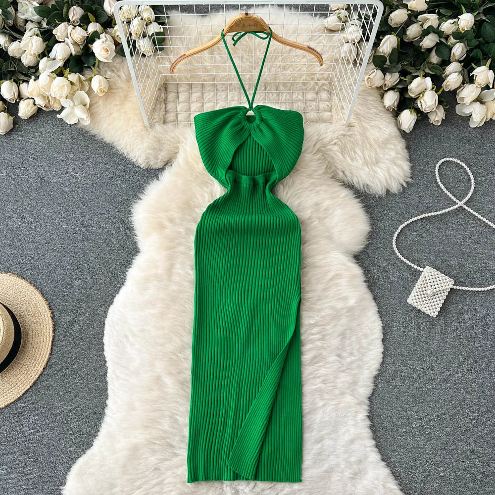 Halter Crochet Bodycon Dress Cut Out Sexy Split Dresses Off Shoulder Backless Party Vestido Korean Women Chic Fashion Robe Y2k