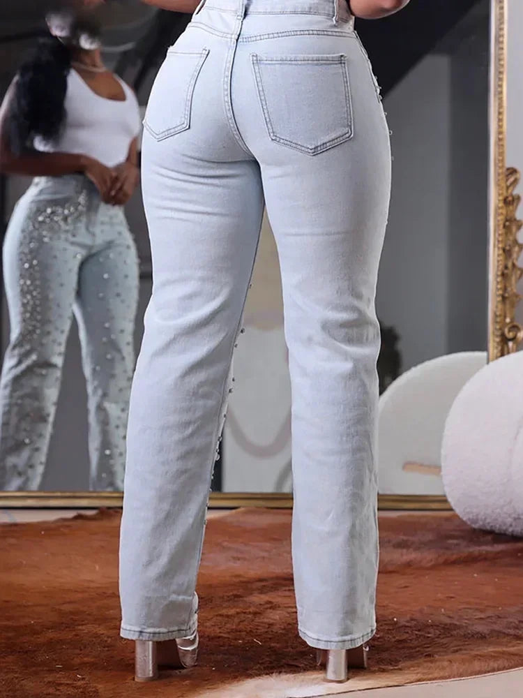 Plus Size Women's Beading Jeans High Waist Slim Casual Denim Pant Vintage Fashion 2024 Streetwear Straight Jeans Trousers