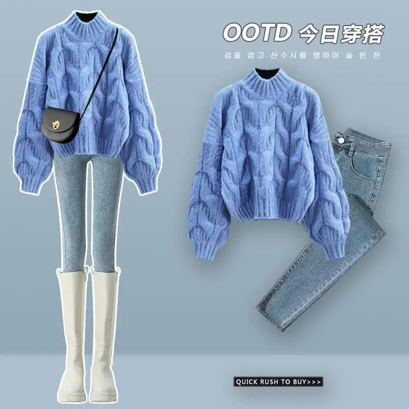 Autumn/Winter Korean New Women's Set Half High Collar Knitted Knitted Flower Sweater+Slimming Jeans Two Piece Set